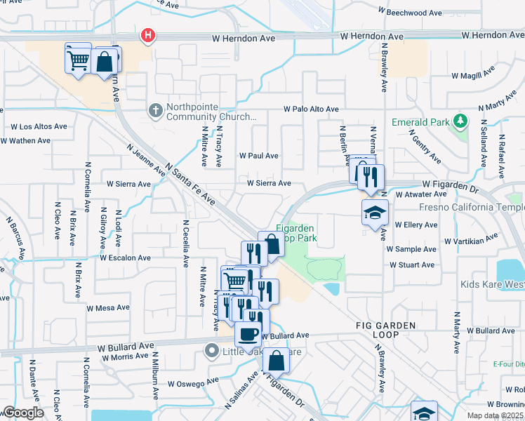 map of restaurants, bars, coffee shops, grocery stores, and more near 4264 West Figarden Drive in Fresno