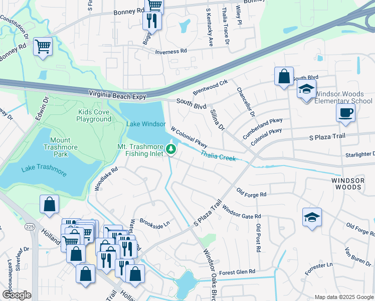 map of restaurants, bars, coffee shops, grocery stores, and more near 404 Maplewood Ct in Virginia Beach