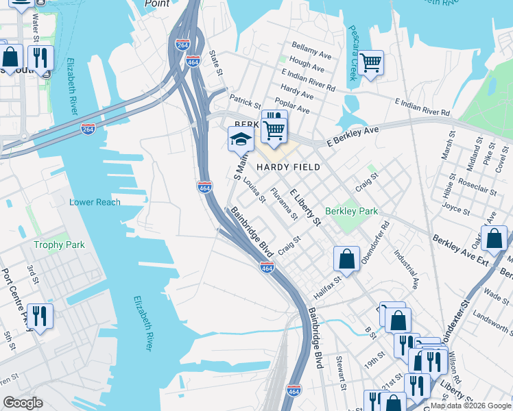 map of restaurants, bars, coffee shops, grocery stores, and more near 516 Nelson Street in Norfolk