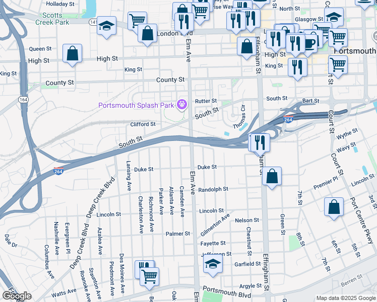 map of restaurants, bars, coffee shops, grocery stores, and more near 1405 Elm Avenue in Portsmouth