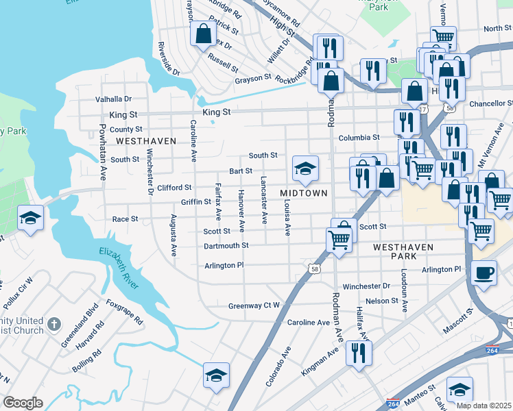 map of restaurants, bars, coffee shops, grocery stores, and more near 3923 Race Street in Portsmouth