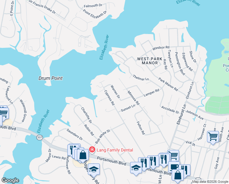 map of restaurants, bars, coffee shops, grocery stores, and more near 37 Cypress Road in Portsmouth