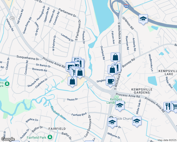 map of restaurants, bars, coffee shops, grocery stores, and more near 300 Riveranne Court in Virginia Beach