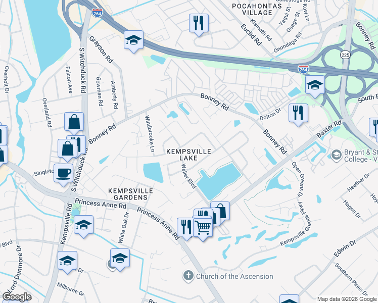 map of restaurants, bars, coffee shops, grocery stores, and more near 4713 Ashbury Lane in Virginia Beach