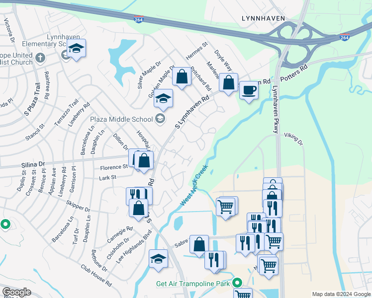 map of restaurants, bars, coffee shops, grocery stores, and more near 312 Rutherglen Muse in Virginia Beach