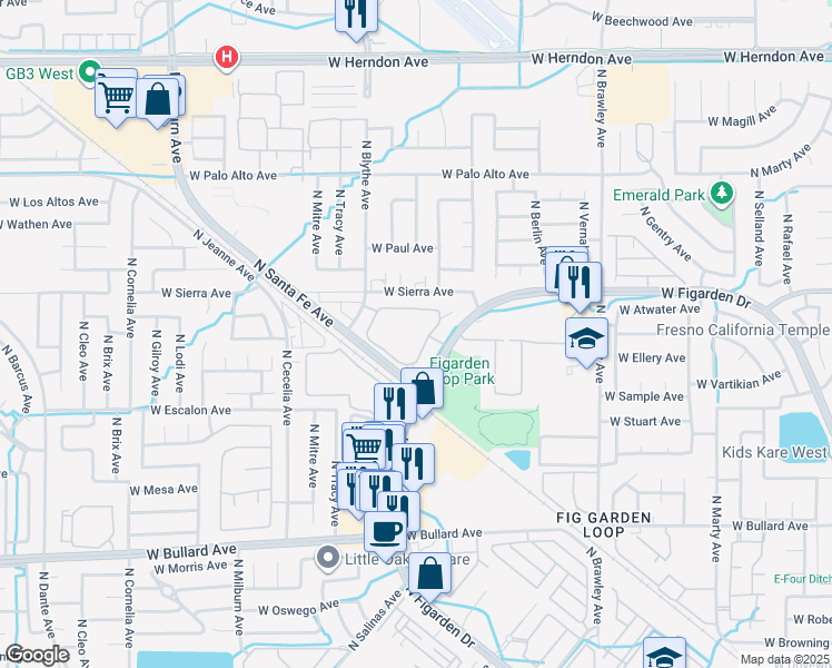 map of restaurants, bars, coffee shops, grocery stores, and more near 4262 West Figarden Drive in Fresno