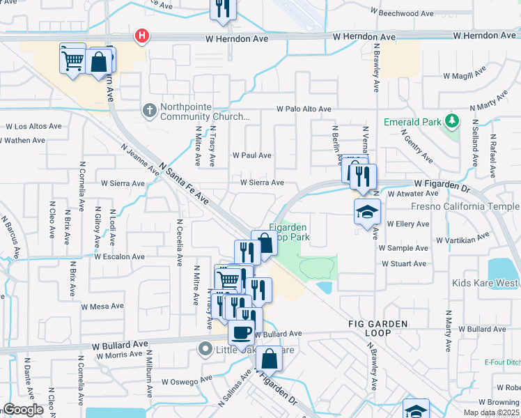map of restaurants, bars, coffee shops, grocery stores, and more near 4262 West Figarden Drive in Fresno