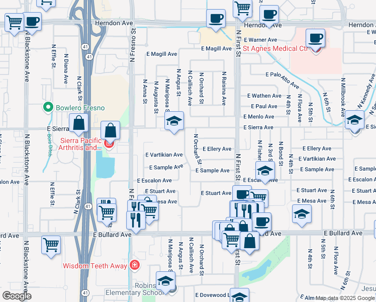 map of restaurants, bars, coffee shops, grocery stores, and more near 6276 North Callisch Avenue in Fresno