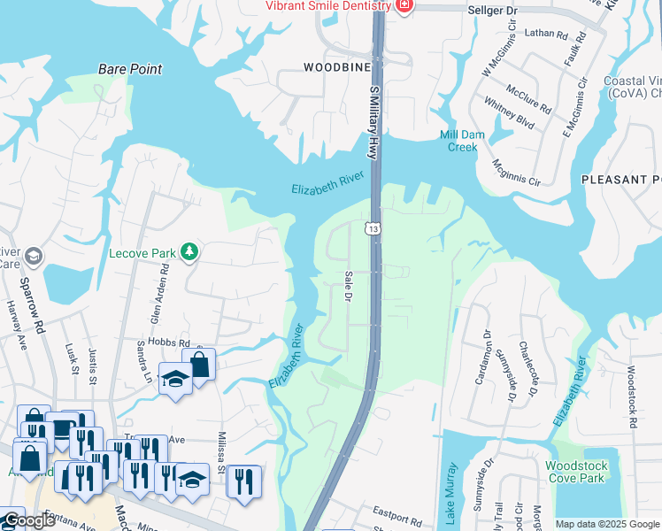 map of restaurants, bars, coffee shops, grocery stores, and more near 3465 Sale Drive in Virginia Beach