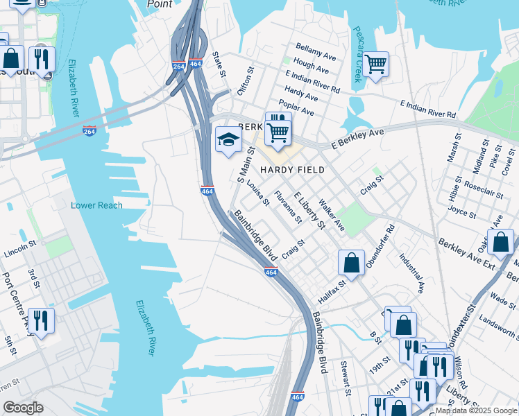 map of restaurants, bars, coffee shops, grocery stores, and more near 1008 Grayson Street in Norfolk