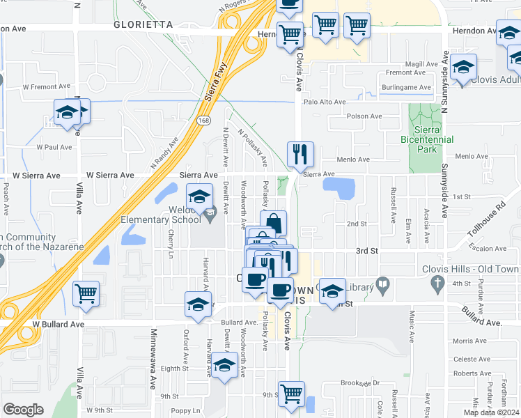 map of restaurants, bars, coffee shops, grocery stores, and more near 138 Pollasky Avenue in Clovis