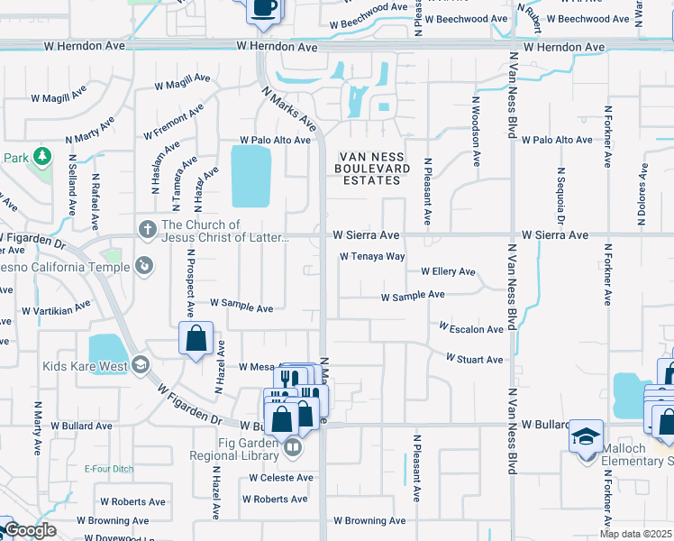 map of restaurants, bars, coffee shops, grocery stores, and more near 6287 North Cheryl Avenue in Fresno