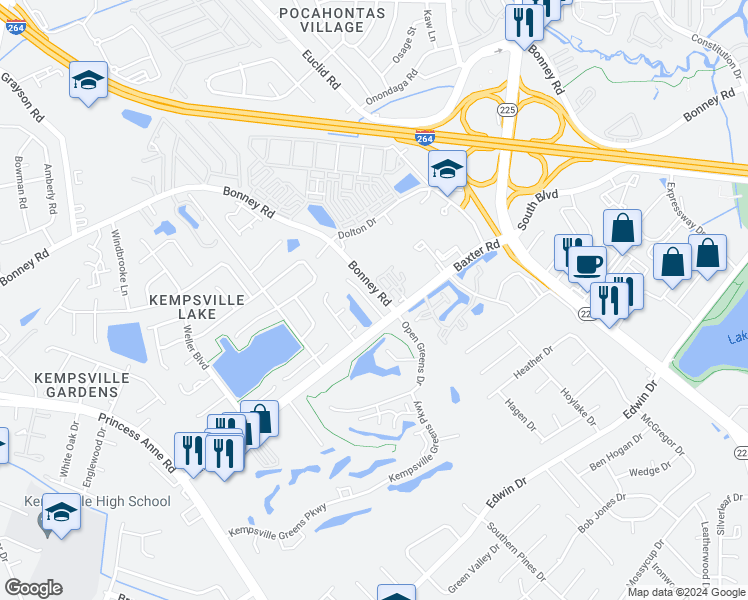 map of restaurants, bars, coffee shops, grocery stores, and more near 442 Troon Chase in Virginia Beach