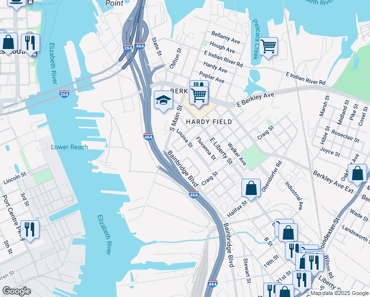 map of restaurants, bars, coffee shops, grocery stores, and more near 1008 Grayson Street in Norfolk