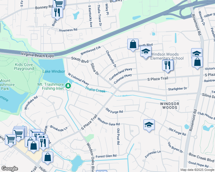 map of restaurants, bars, coffee shops, grocery stores, and more near 3908 Waterside Court in Virginia Beach