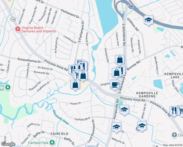 map of restaurants, bars, coffee shops, grocery stores, and more near 308 Riveranne Court in Virginia Beach