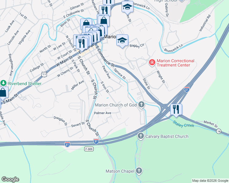 map of restaurants, bars, coffee shops, grocery stores, and more near 635 S Iron St in Marion