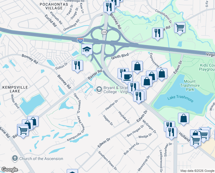 map of restaurants, bars, coffee shops, grocery stores, and more near 300 Centre Pointe Drive in Virginia Beach
