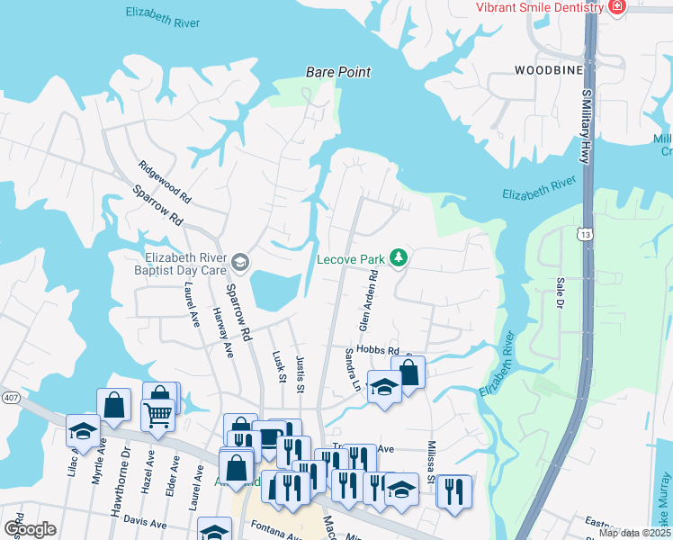 map of restaurants, bars, coffee shops, grocery stores, and more near 3435 Macdonald Road in Virginia Beach