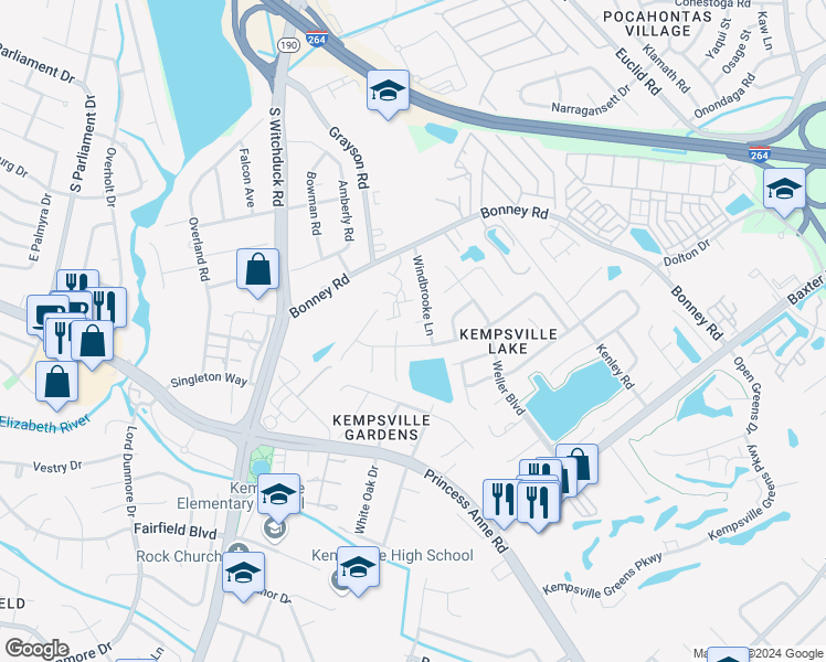 map of restaurants, bars, coffee shops, grocery stores, and more near 4915 Windbrooke Ct in Virginia Beach