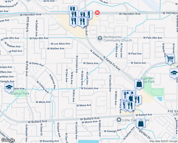 map of restaurants, bars, coffee shops, grocery stores, and more near 6308 North Lodi Avenue in Fresno