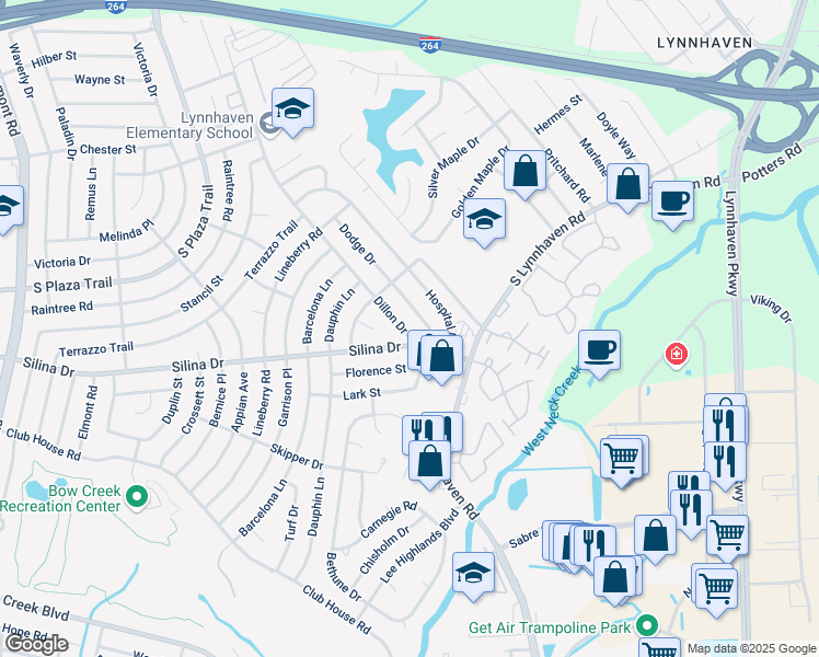 map of restaurants, bars, coffee shops, grocery stores, and more near 3205 Silina Drive in Virginia Beach