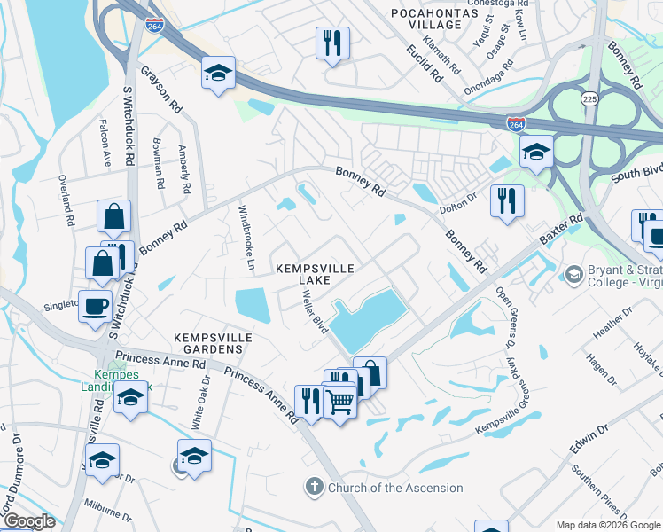 map of restaurants, bars, coffee shops, grocery stores, and more near 4713 Ashbury Lane in Virginia Beach