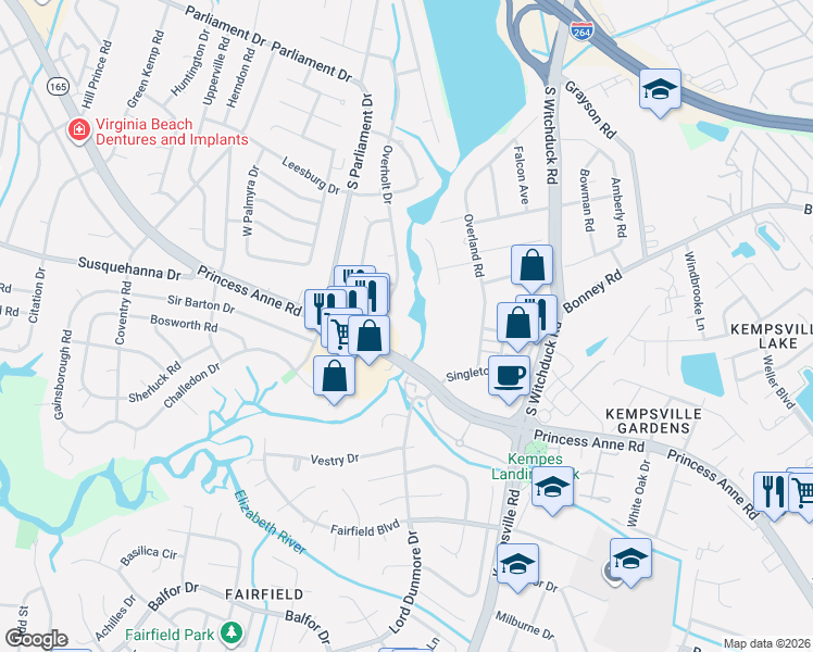 map of restaurants, bars, coffee shops, grocery stores, and more near 308 Riveranne Court in Virginia Beach