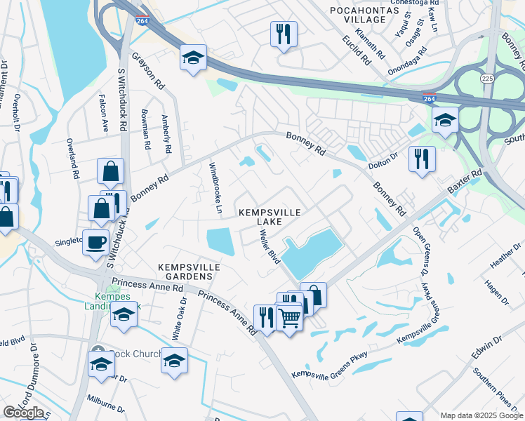 map of restaurants, bars, coffee shops, grocery stores, and more near 282 Weller Boulevard in Virginia Beach