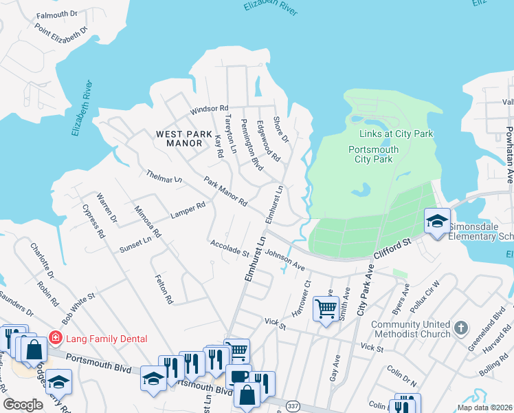 map of restaurants, bars, coffee shops, grocery stores, and more near 201 Park Manor Road in Portsmouth