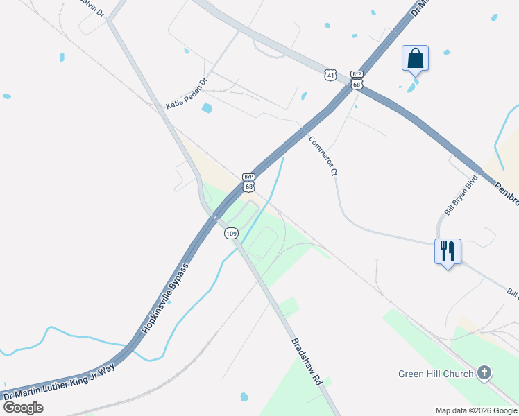 map of restaurants, bars, coffee shops, grocery stores, and more near 41 Yoakum Circle in Hopkinsville