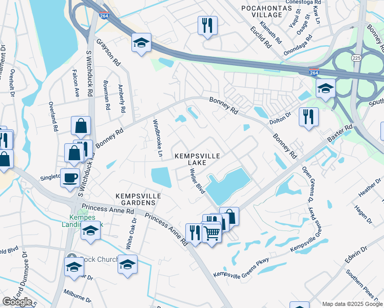 map of restaurants, bars, coffee shops, grocery stores, and more near 282 Weller Boulevard in Virginia Beach
