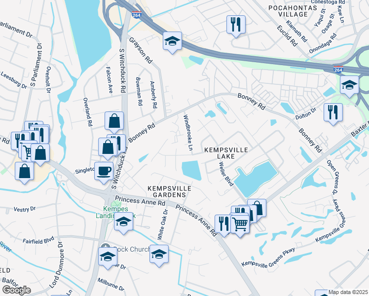 map of restaurants, bars, coffee shops, grocery stores, and more near 4915 Windbrooke Ct in Virginia Beach