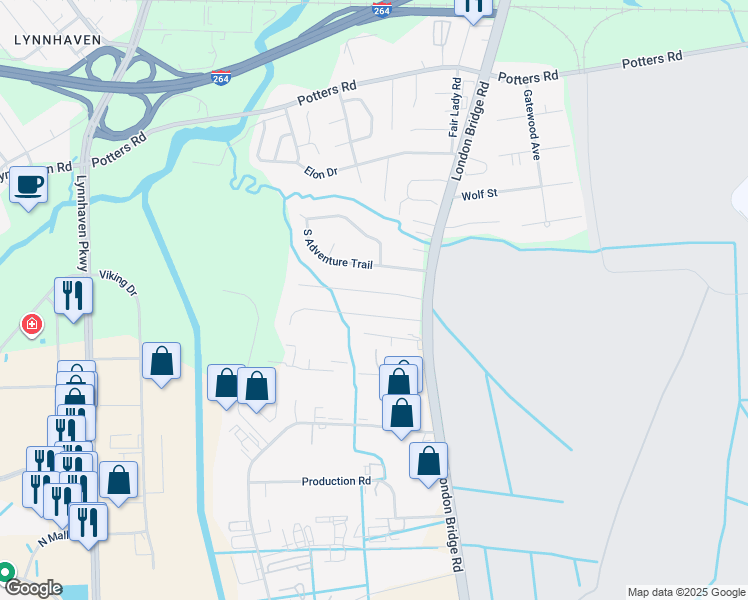 map of restaurants, bars, coffee shops, grocery stores, and more near 2421 Bullock Trail in Virginia Beach