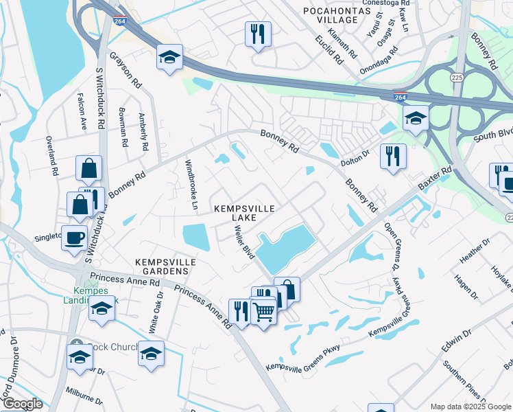 map of restaurants, bars, coffee shops, grocery stores, and more near 313 Gambrill Court in Virginia Beach