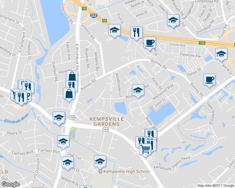 map of restaurants, bars, coffee shops, grocery stores, and more near 4907 Windbrooke Court in Virginia Beach
