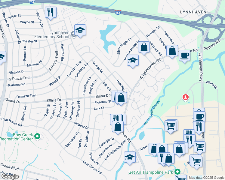 map of restaurants, bars, coffee shops, grocery stores, and more near 3205 Silina Drive in Virginia Beach