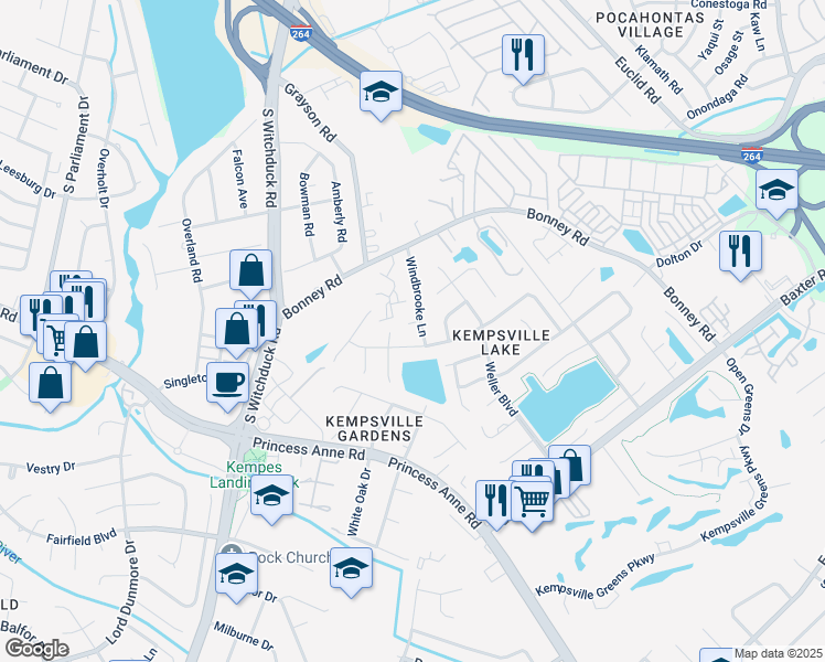 map of restaurants, bars, coffee shops, grocery stores, and more near 4907 Windbrooke Court in Virginia Beach