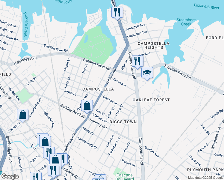 map of restaurants, bars, coffee shops, grocery stores, and more near 1322 Conoga Street in Norfolk