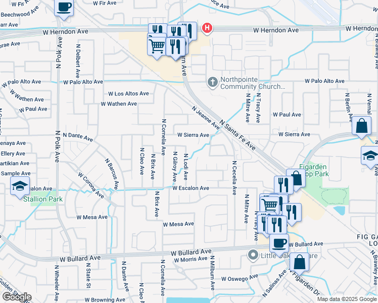 map of restaurants, bars, coffee shops, grocery stores, and more near 6308 North Lodi Avenue in Fresno