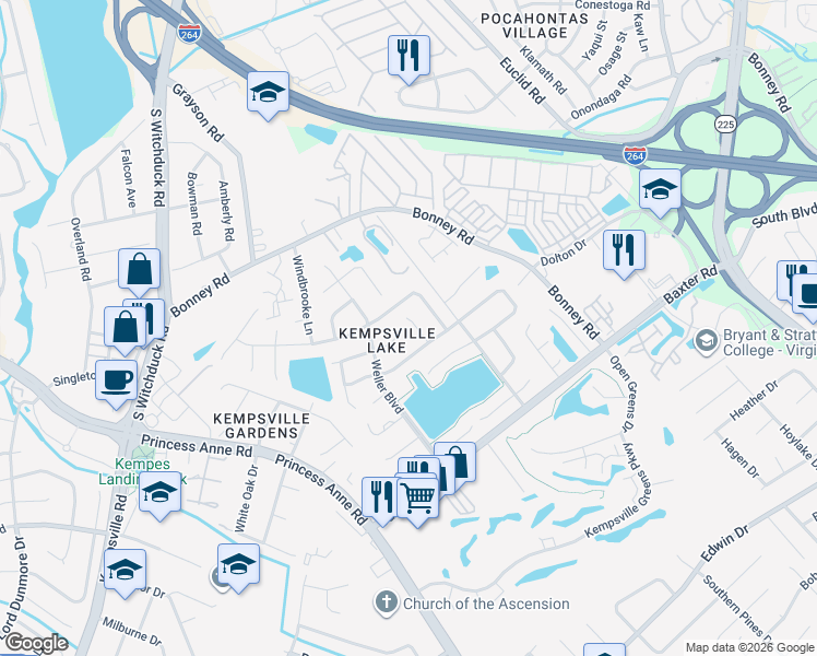 map of restaurants, bars, coffee shops, grocery stores, and more near 4713 Ashbury Lane in Virginia Beach