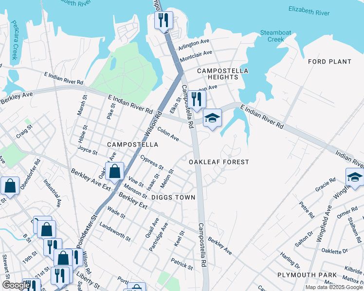 map of restaurants, bars, coffee shops, grocery stores, and more near 1615 Colon Avenue in Norfolk