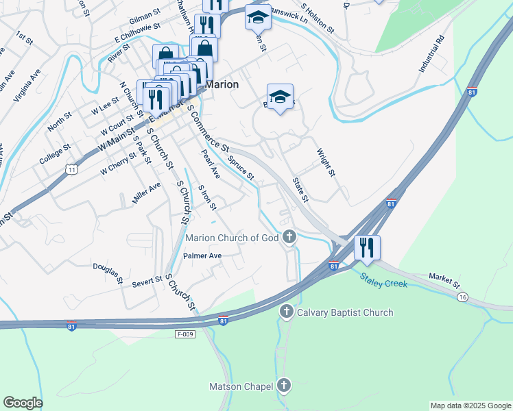 map of restaurants, bars, coffee shops, grocery stores, and more near 630 Spruce Street in Marion