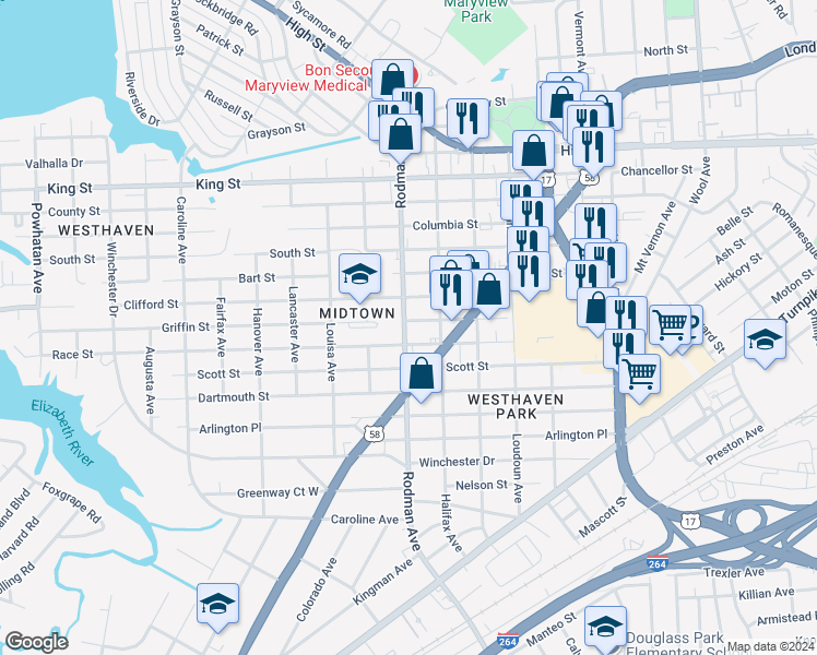 map of restaurants, bars, coffee shops, grocery stores, and more near 1207 Rodman Avenue in Portsmouth