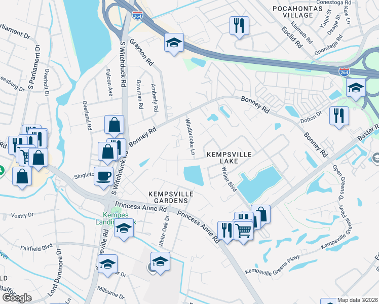 map of restaurants, bars, coffee shops, grocery stores, and more near 4823 Bayshire Court in Virginia Beach
