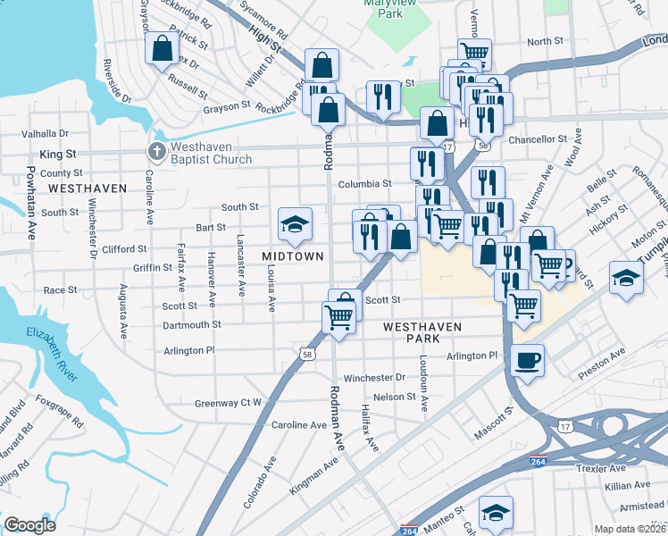 map of restaurants, bars, coffee shops, grocery stores, and more near 3611 Clifford Street in Portsmouth