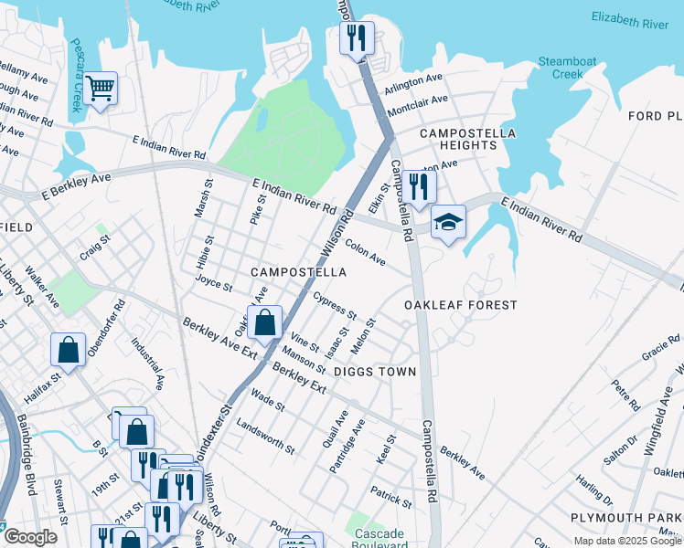 map of restaurants, bars, coffee shops, grocery stores, and more near 1322 Conoga Street in Norfolk