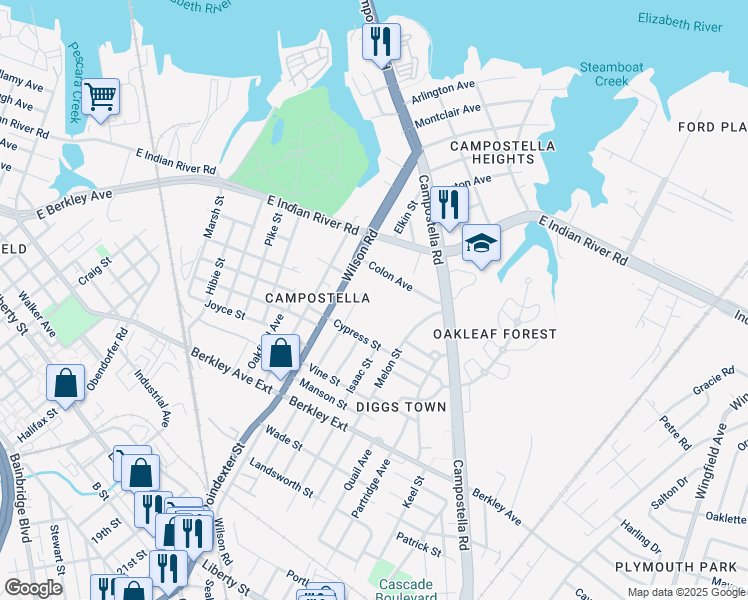 map of restaurants, bars, coffee shops, grocery stores, and more near 1314 Conoga Street in Norfolk