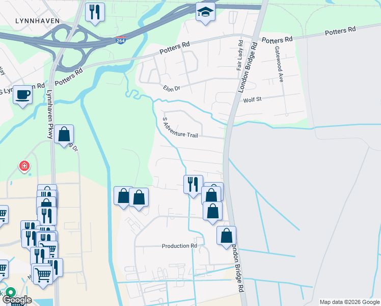 map of restaurants, bars, coffee shops, grocery stores, and more near 2432 Bullock Trail in Virginia Beach