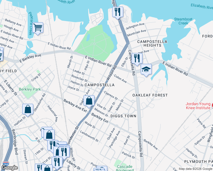 map of restaurants, bars, coffee shops, grocery stores, and more near in Norfolk